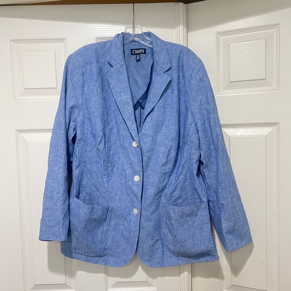CHAPS Women’s Sz 18W Blue‎ White stripe Seersucker Linen Blazer Relaxed Career